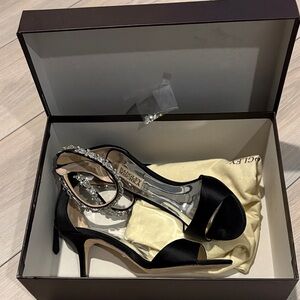 Badgley Mischka Black Satin Heels with Crystal Accents